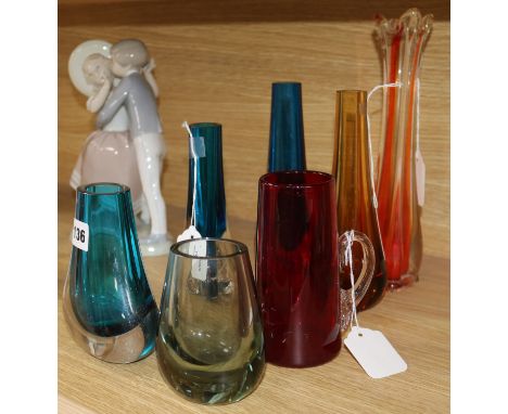 A Whitefriars ruby glass tankard, an 'elephant foot' vase and five other vases, including four various teardrop examples and 