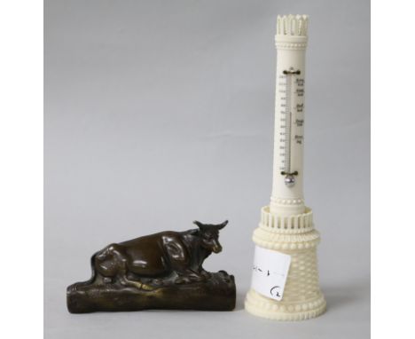 19th century Dieppe ivory thermometer and small bronze cow 16 & 9cm.