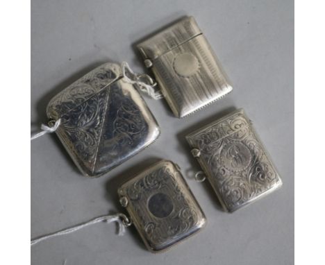 Four Victorian/Edwardian silver vesta cases, variously engraved and engine-turned, two initialled, two with blank cartouches