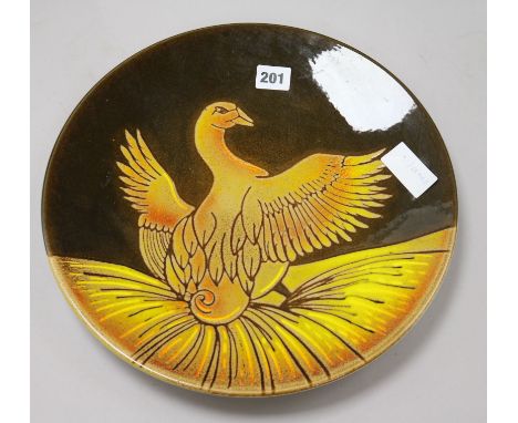 A Poole pottery Aegean pattern charger, painted with a bird by D.Davis 35cm.