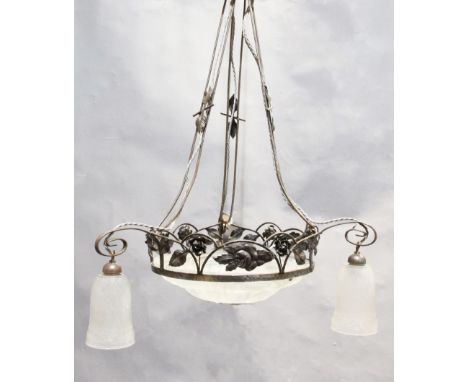 A 1930's French wrought iron and frosted glass light fitting drop 2ft 10in.
