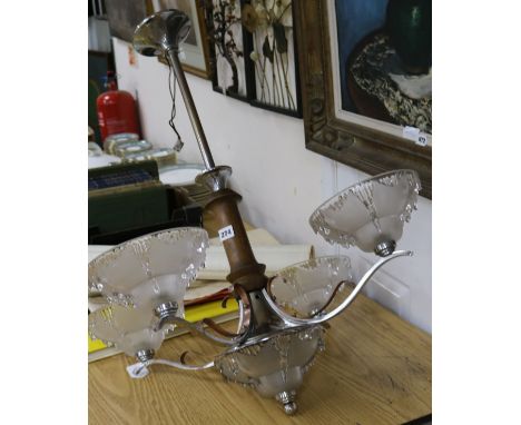 An art deco 4 branch copper and chrome hanging light, glass shades signed Ezan