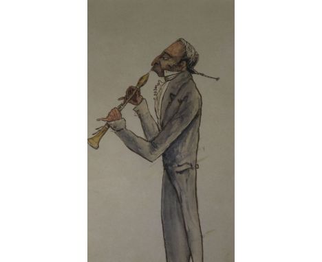 English School c.1830, watercolour and ink, 'The Clarinet player mentioned... in Irving's sketchbook as having "blown his fac