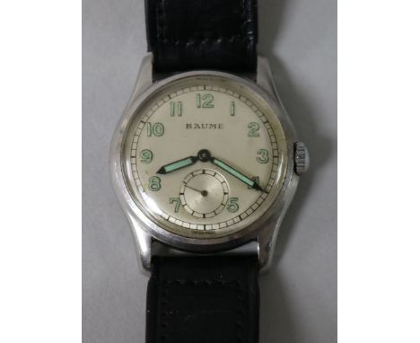 A gentleman's 1940's/1950's stainless steel Baume manual wind wrist watch, with Arabic dial and subsidiary seconds, on associ