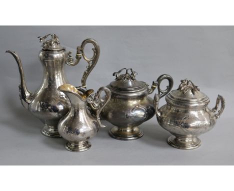 A late 19th/early 20th century French four piece engine turned silver tea and coffee service by Veyrat, gross 44 oz.