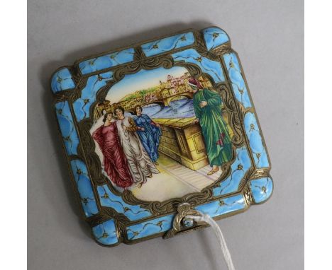 An Italian 800 standard white metal and enamel compact, 78mm.