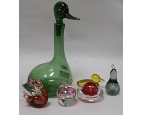 A novelty duck decanter, Empoli, Italy and five paperweights