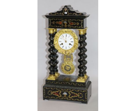 A 19th century French brass inlaid portico clock 51cm.