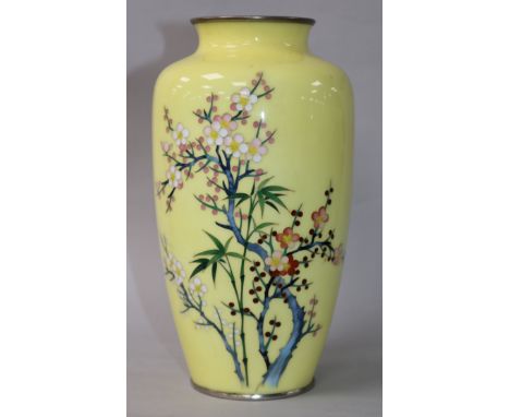 A Japanese yellow ground silver wire cloisonne enamel vase 21cm.