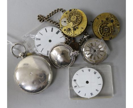 A silver engine-turned hunter pocket watch, a ladies' pocket watch marked 'Fine Silver', sundry watch parts, etc.