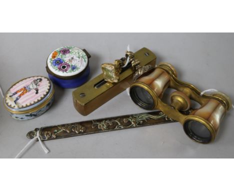 A pair of Tumelle Duchesse mother of pearl opera glasses, two Victorian pinchbeck fobs and sundries, including a Chinese bron