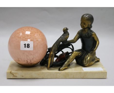 An Art Deco light with a model of a girl holding a bird, on a marble base W.25cm.