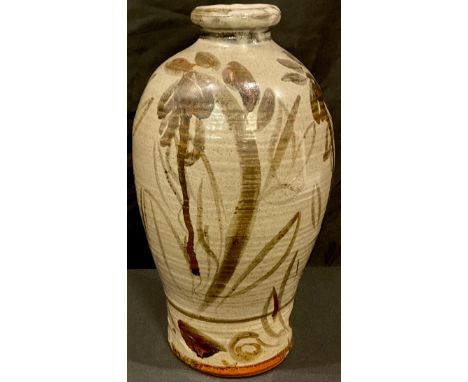 Studio Pottery - in the manner of Bernard Leach, an ovoid stoneware vase, painted with foliage in shades of brown on a grey g