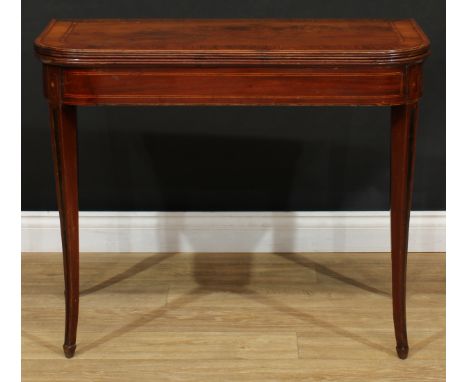 A Regency rosewood crossbanded mahogany D-shaped card table, hinged top with reeded edge enclosing a baize lined playing surf