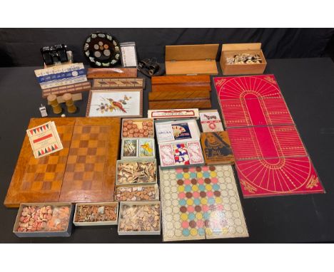 Toys and games - card games; Spear's Lotto, original 1940s box; Homeward Bound; cribbage board; dominoes; folding chess board