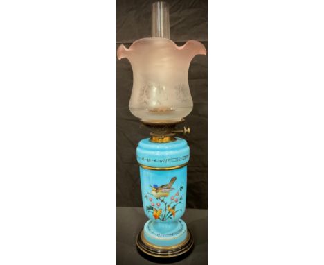 A 19th century Aesthetic Movement Hink's Patent oil lamp, lift-out blue milk glass font seated in lined blue milk glass vase,