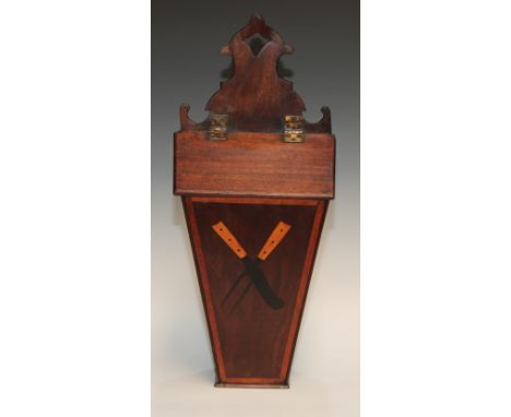 A George III mahogany wall hanging cutlery box, the front inlaid with a knife and fork, 53cm high, 23.5cm wide, 14cm deep 