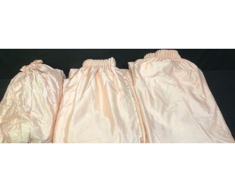 Textiles - a large pair of silk interlined curtains, each curtain 308cm long, 191cm wide; another, similar, unlined, 260cm lo
