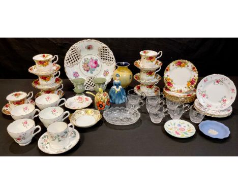 Ceramics and Glass - Royal Albert Old Country Rose teacups, saucers and side plates; a set of eight 19th century custard cups