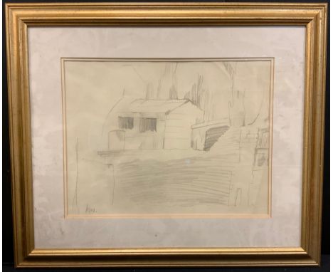 A sketch in the manner of Kyffin Williams, Welsh cottage, signed with monogram KW, pencil, 30cm x 39cm. 