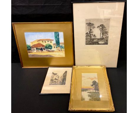 Leonard PageGreek Street in Summersigned, dated 1926, watercolour, 23cm x32cm; R Watson Turnbull, Golden Light, signed engrav
