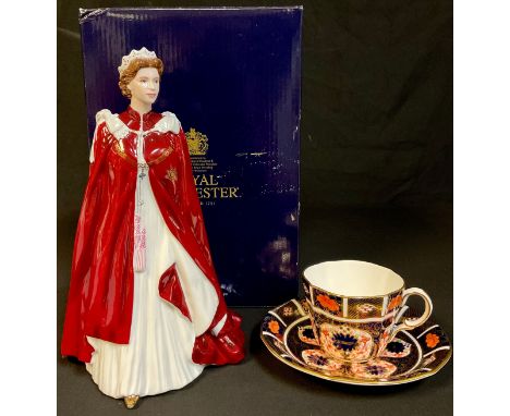 A Royal Crown Derby 1128 pattern cup and saucer, c.1932; a Royal Worcester model of Queen Elizabeth II, In Celebration of The