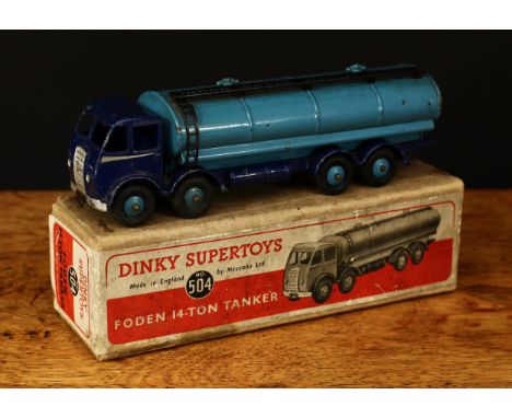 Dinky Supertoys 504 Foden 14-ton tanker, 1st type dark blue cab and chassis with silver flashes, light blue tanker, light blu