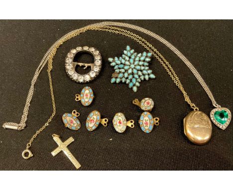 Six Victorian enamel clasps; a turquoise star brooch; a Georgian silver stone set buckle; a 9ct locket; a heart shaped pendan