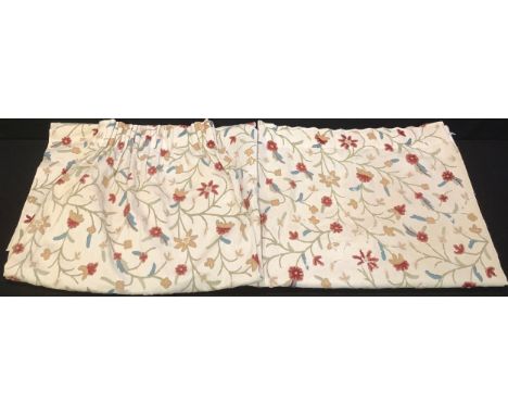 Textiles - a pair of crewel work curtains, hand stitched, each curtain 145cm long, 125cm wide 