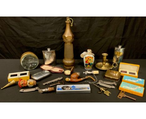 Boxes and Objects - a brass fireman's hose nozzle; a gold plated pocket watch; a Bavarian pipe; a set of three brass fishing 