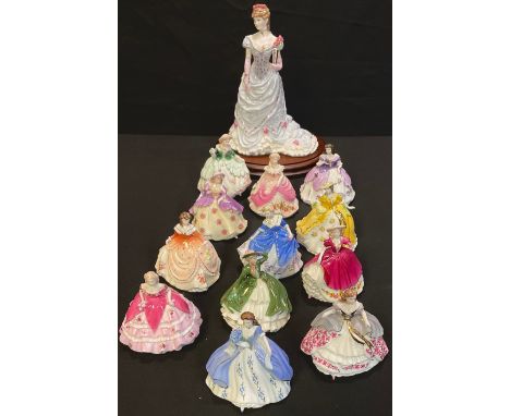 A Royal Worcester figure, Splendour At Court, limited edition, wooden stepped oval stand; a collection of twelve miniature Co