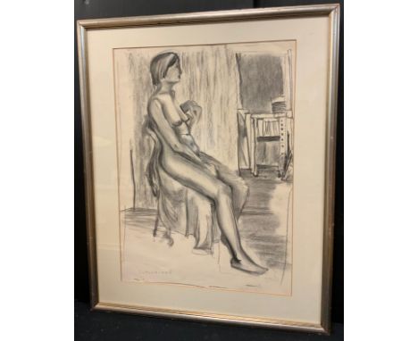Sutherland, 'In the studio, study of a seated nude', signed, charcoal sketch, 52cm x 38cm. 