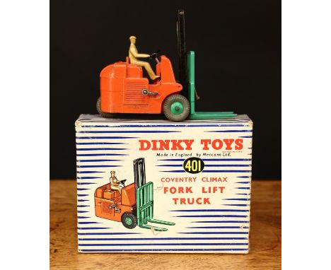 Dinky Toys 401 Coventry Climax fork lift truck, orange body with green fork lift, tan seated driver figure, green ridged hubs