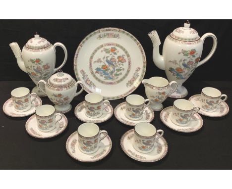 A Wedgwood Kutani Crane pattern coffee set, comprising coffee pot, hot water jug, cream jug, sucrier and cover, eight coffee 