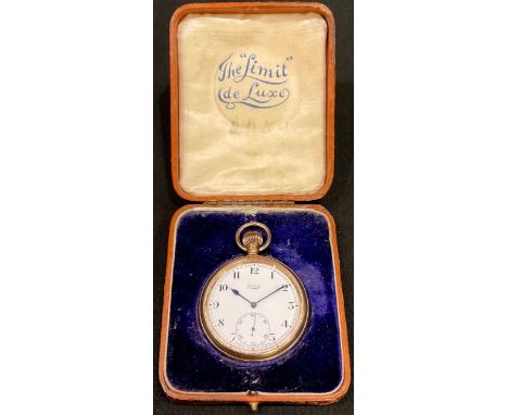 A 9ct rose gold open face pocket watch, The Limit De Luxe, white enamel dial, Arabic numerals, subsidiary seconds dial, 7cm o