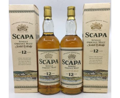 Whisky. Scapa Single Orkney Malt Scotch Whisky, aged 12 years, 40% vol, 2 x1 Litre boxed bottles. Clean labels, seals excelle
