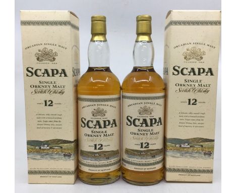 Whisky. Scapa Single Orkney Malt Scotch Whisky, aged 12 years, 40% vol, 2 x1 Litre boxed bottles. Clean labels, seals excelle