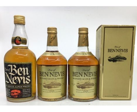 Whisky. Dew of Ben Nevis aged 12 yrs. 2 x 70cl bottles plus an extremely rare&nbsp;bottle of Dew of Ben Nevis old liqueur sco