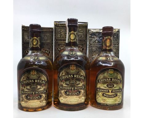 Whisky. 2x&nbsp;75cl Bottles of Chivas Regal 12 Year Old Blended Scotch Whisky and 1x 1itre of same. (3). Boxed and seals and