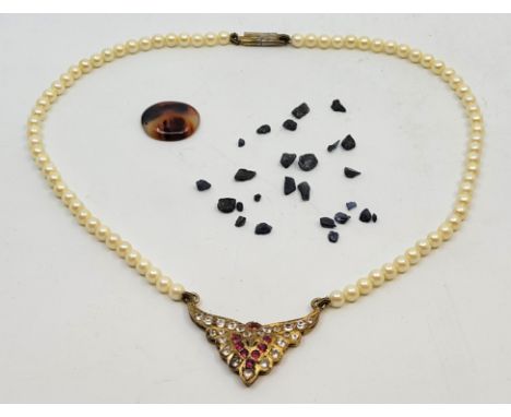 A gilt metal, ruby and white sapphire set cultured pearl pendant choker necklace,&nbsp;the gilt metal pendant mount set&nbsp;