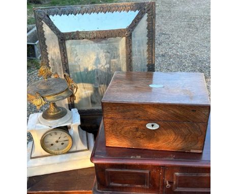 A 19th cent Alabaster French mantle clock , wooden boxes and a 19th cent mirror&nbsp;