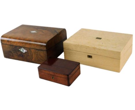 A 19thC mahogany scientific instrument box, of rounded form 17cm W, a 19thC travelling box and another light wood example.  (