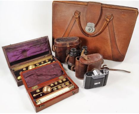 Bygones, collectables, etc.  a cased Sikes Hydrometer in mahogany box, 20cm W, a pair of Heath &amp; Co leather cased binocul