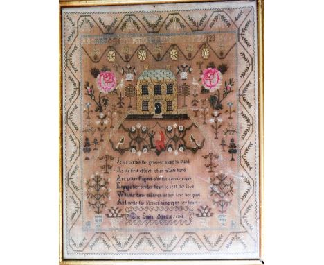 An early 19thC pictorial motto alphabetic and numeric sampler, by Eliz Smith, age 11 years, centred by a house and animals, w