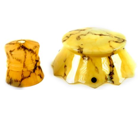 An Art Deco marble glass ceiling light, in cream and brown colour way, 32cm W, and a frosted glass Davidson style shade. (2)