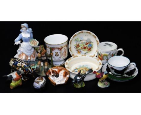 Various pottery and effects, to include Goebel Hummel figure Mountaineer, Royal Doulton puppy in basket figure HN2585, potter