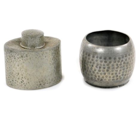 A Liberty &amp; Co Arts and Crafts pewter tea caddy, of oval form with circular lid, no. 0614, impressed marks beneath, 9.5cm