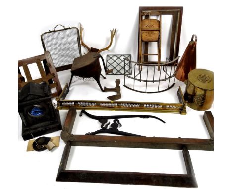 Various bygones, collectables, etc. a large slate mantel clock case, of architectural form, 48cm H, copper, foot bellows, rec