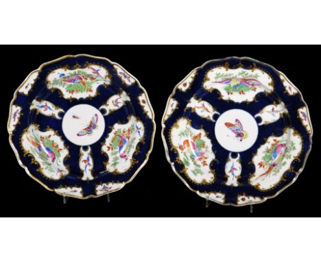 A pair of 18thC Worcester square fret marked plates, decorated with exotic birds within gilt cartouche, on a scale blue groun