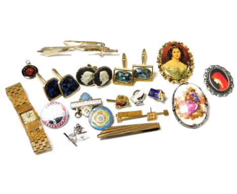 A collection of costume jewellery, to include Limoges portrait brooch, Rotary gold plated ladies wristwatch, various cuff lin